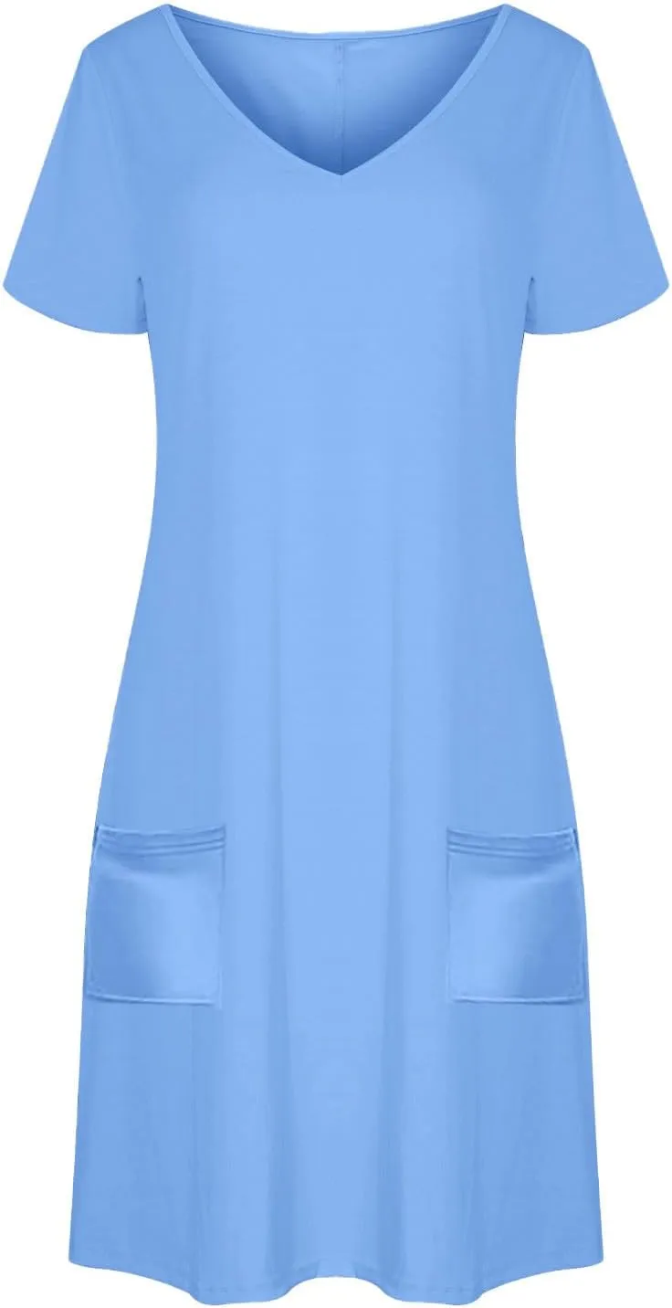Women Basic V Neck T Shirt Dresses Summer Casual Short Sleeve A-Line Flare Dress Soft Comfy Tunic Dress with Pockets