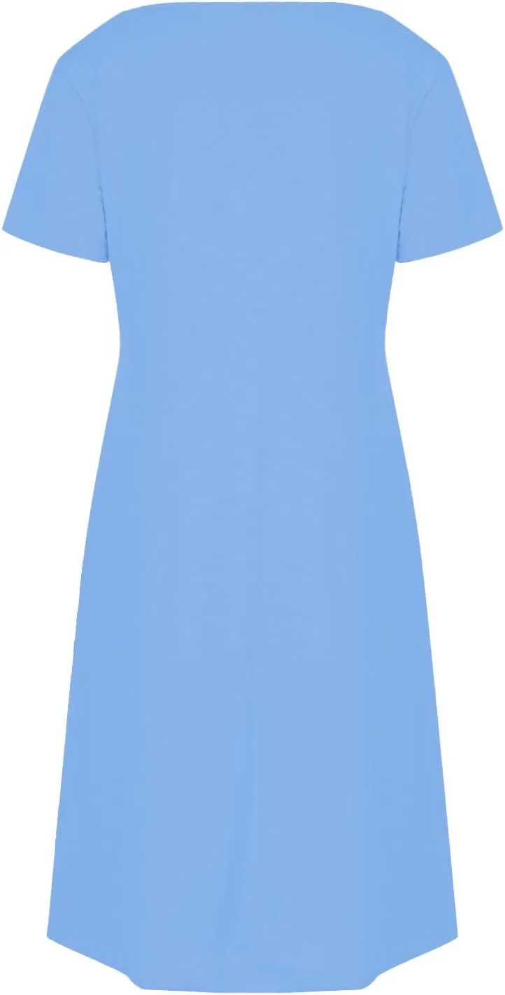 Women Basic V Neck T Shirt Dresses Summer Casual Short Sleeve A-Line Flare Dress Soft Comfy Tunic Dress with Pockets