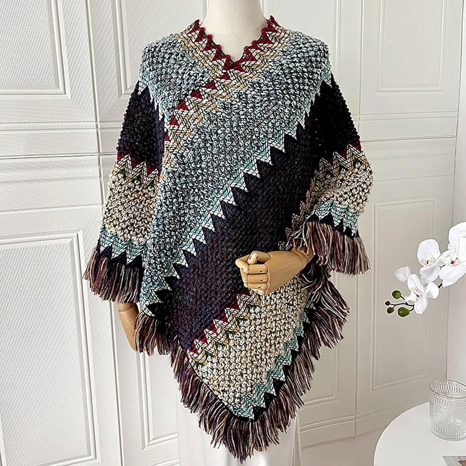 Women Boho Open Front Poncho Cape Pashmina Shawls Wrap Oversized Sweater Knitting Cardigan Blanket for Fall Winter