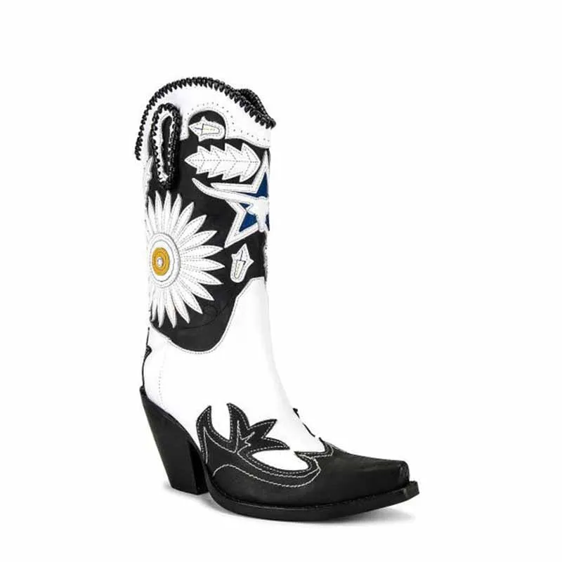 Women Embroidery Western Cowboy Boots Mid-Calf Pointy Toe Chunky Heel Cowgirl Boots