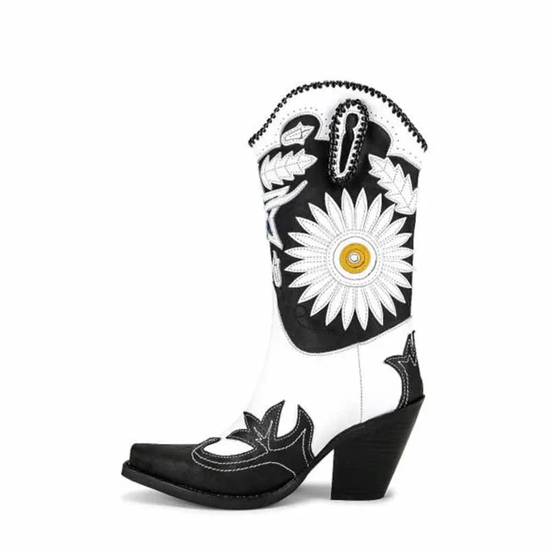 Women Embroidery Western Cowboy Boots Mid-Calf Pointy Toe Chunky Heel Cowgirl Boots