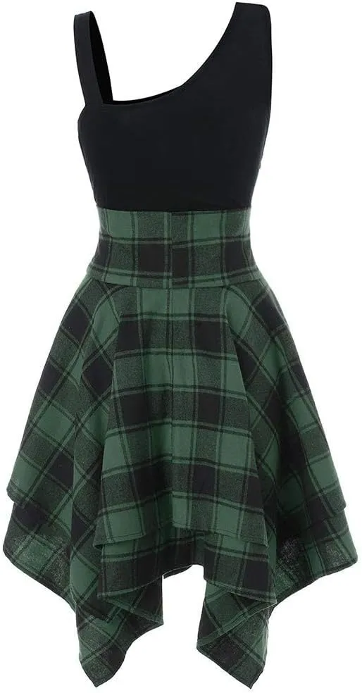 Women Skater Dress Summer 2025 Teen School Girl Cute Plaid Pleated Dress Casual Sleeveless Dress for Dance Party