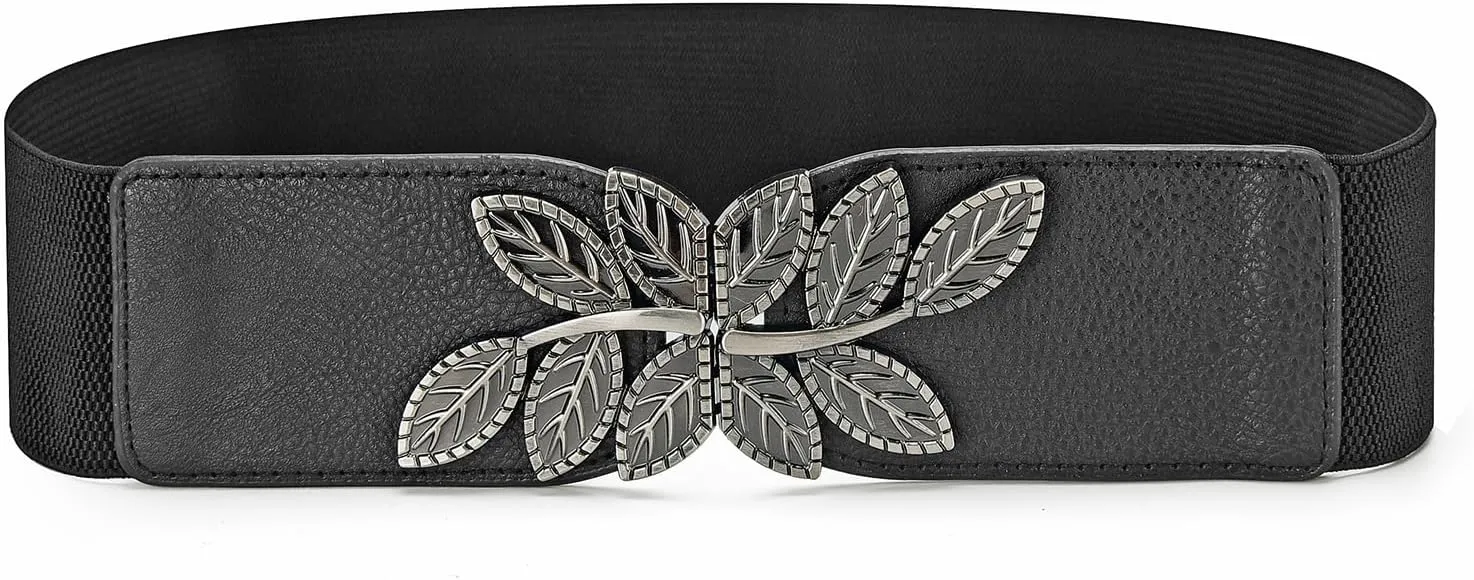 Women Wide Stretchy Belts Leaf Black Waist Belts for Women Dresses