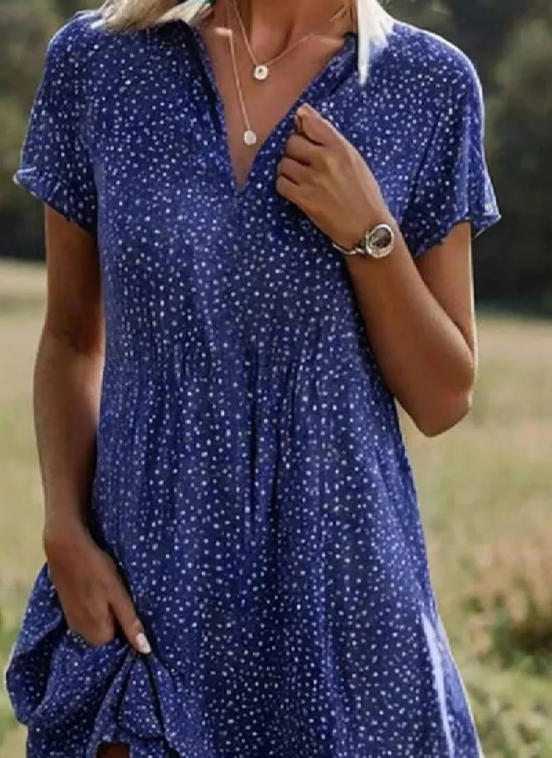 Women's Dreamy Starry Sky Blue Short Sleeve Midi Dress Casual Wrap V Neck Shirt Dress Summer Boho Smocked Dress