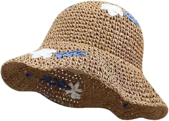Women's Floral Paper Bucket Sun Hat Breathable Fisherman Cap Casual Foldable Adjustable Sunshade Beach Straw Hat