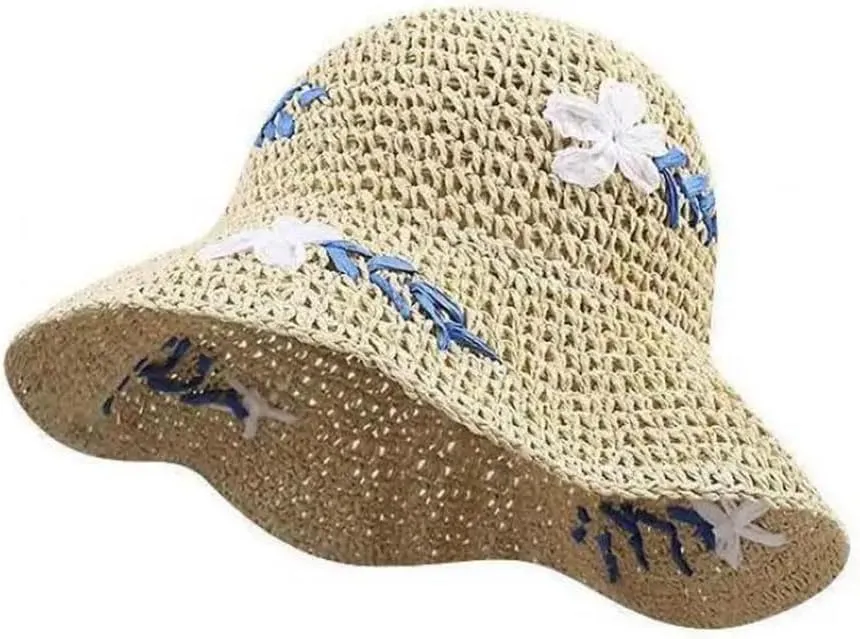 Women's Floral Paper Bucket Sun Hat Breathable Fisherman Cap Casual Foldable Adjustable Sunshade Beach Straw Hat