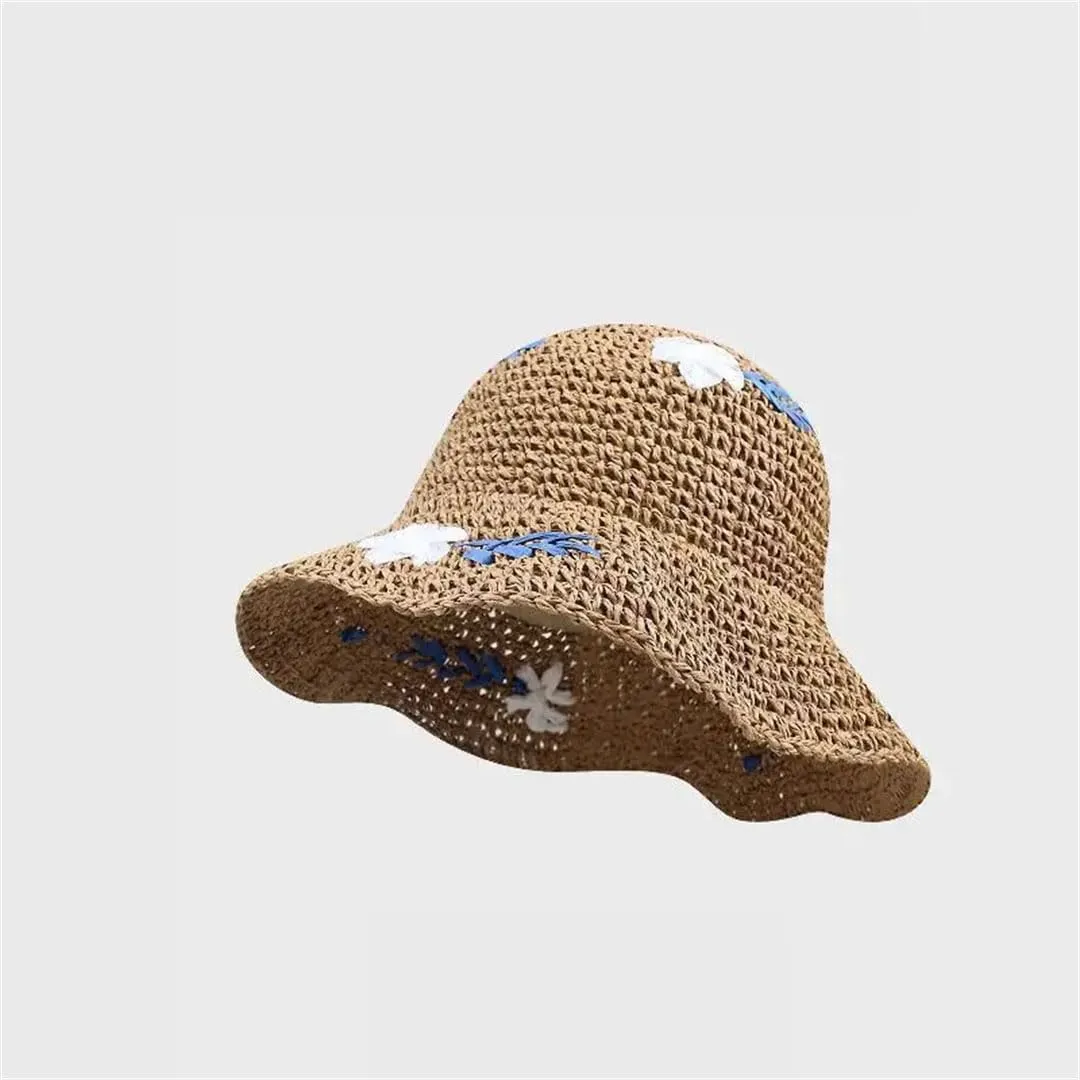Women's Floral Paper Bucket Sun Hat Breathable Fisherman Cap Casual Foldable Adjustable Sunshade Beach Straw Hat