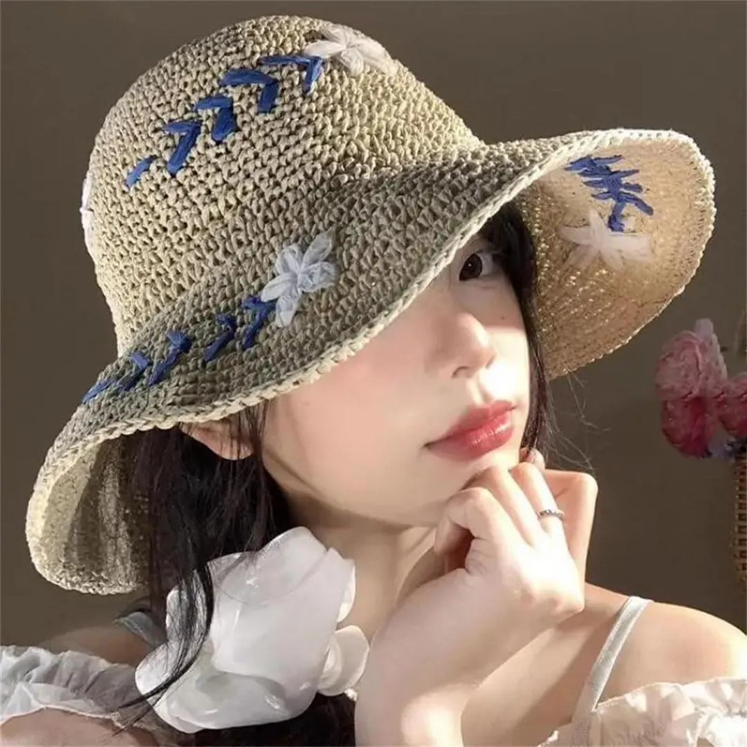 Women's Floral Paper Bucket Sun Hat Breathable Fisherman Cap Casual Foldable Adjustable Sunshade Beach Straw Hat