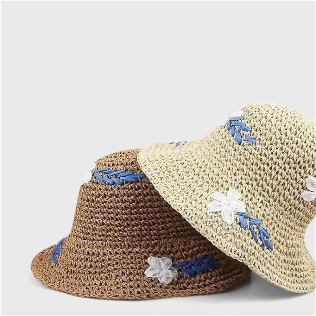 Women's Floral Paper Bucket Sun Hat Breathable Fisherman Cap Casual Foldable Adjustable Sunshade Beach Straw Hat