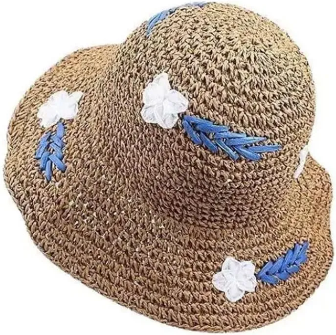 Women's Floral Paper Bucket Sun Hat Breathable Fisherman Cap Casual Foldable Adjustable Sunshade Beach Straw Hat