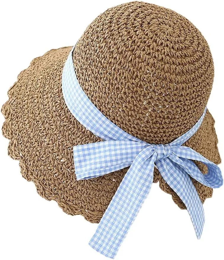 Women's Paper Bucket Sun Hat Plaid Ribbon Bow Foldable Casual Beach Fisherman Cap Sunshade Adjustable Straw Hat