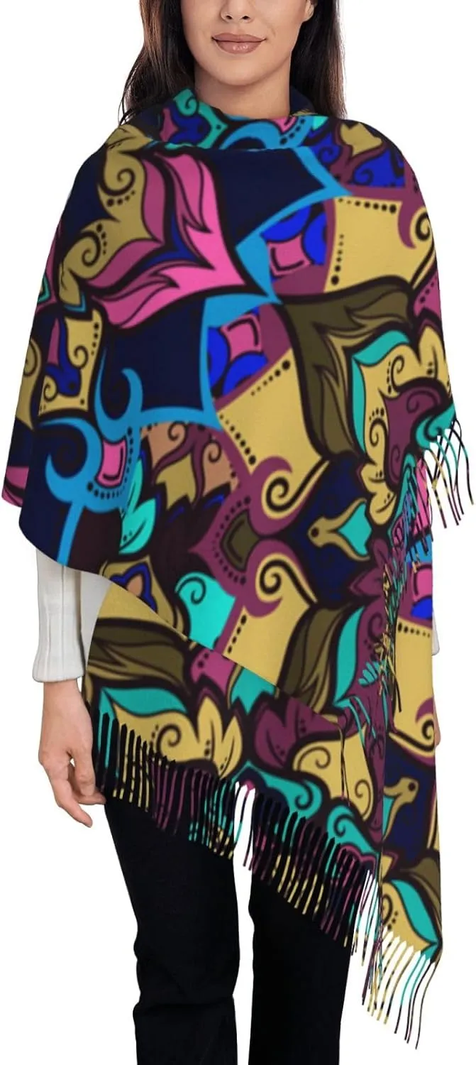 Womens Pashmina Shawl Wrap Wedding Winter Warm Large Soft Cashmere Feel Scarf, Boho Flower Mandala Tribal
