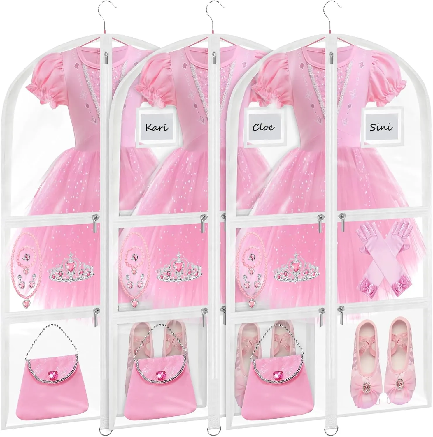 Wsaeig Garment Bags for Dance Costumes - 40 Inch Clear PVC with 5 Zipper Pockets (3 Pack, White) - Kids Dance Garment Bag for Dancers, Hanging Clothes Storage, Competitions & Travel (Clear White)