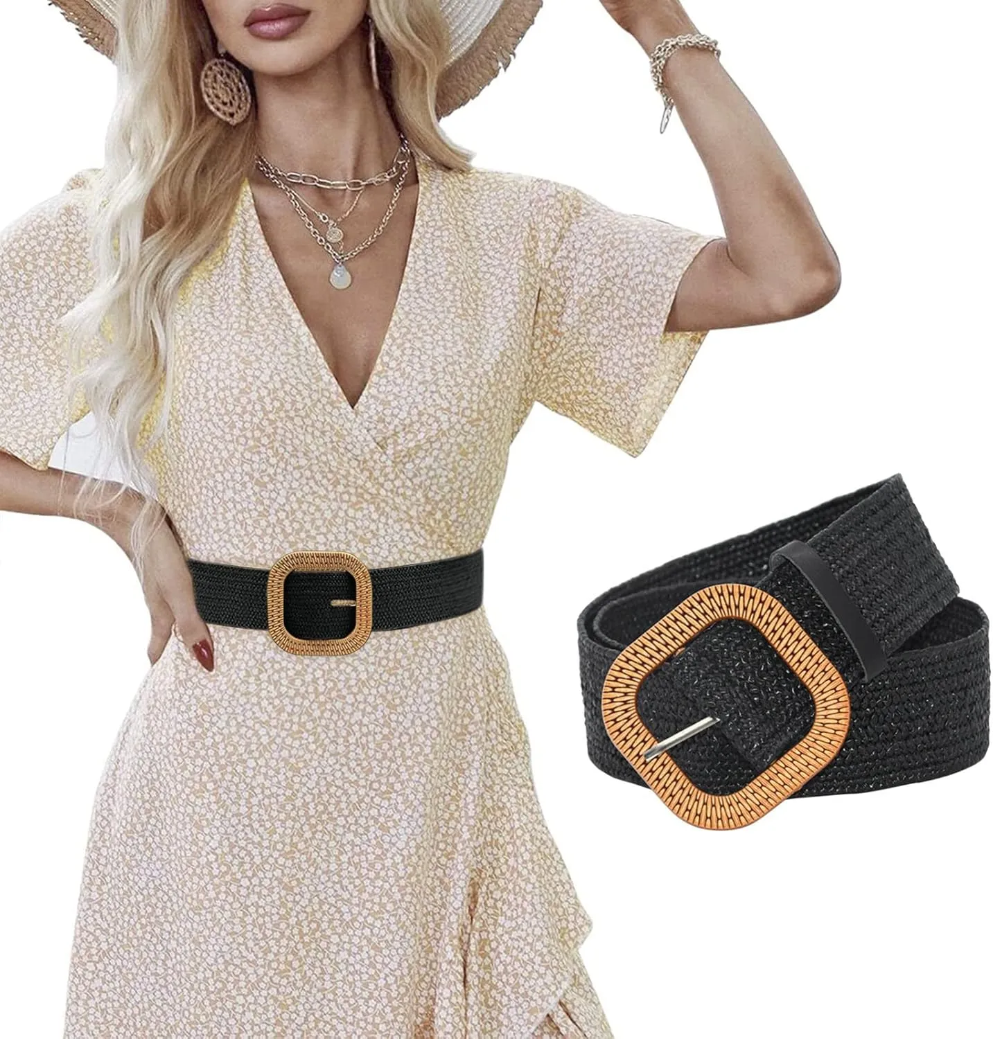 X Belt Women Belt Straw Woven Elastic Stretch Wide Waist Belts For Dresses With Buckle